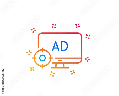 Seo adblock line icon. Search engine optimization sign. Target symbol. Gradient design elements. Linear seo adblock icon. Random shapes. Vector