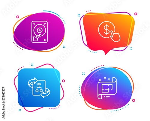 Technical algorithm, Buy currency and Hdd icons simple set. Architectural plan sign. Project doc, Money exchange, Hard disk. Technical project. Technology set. Speech bubble technical algorithm icon