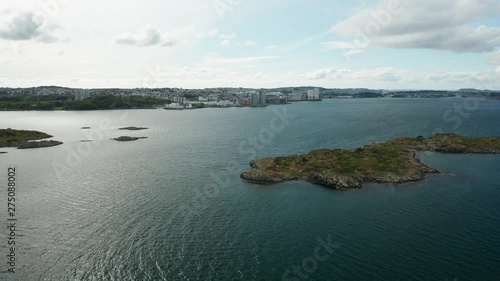 Flying Over Norwegian Fjord of North Sea to Stavanger City Norway. Long Duration Cinematic Drone Aerial photo