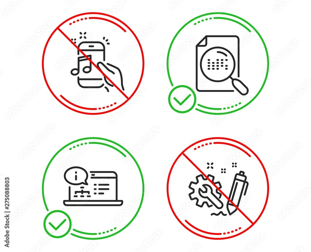 Do or Stop. Online documentation, Search file and Music phone icons simple set. Engineering sign. Web engineering, Find document, Radio sound. Construction. Technology set. Vector Do or Stop. Online documentation, Search file and Music phone icons simple set. Engineering sign. Web engineering, Find document, Radio sound. Construction. Technology set. Vector