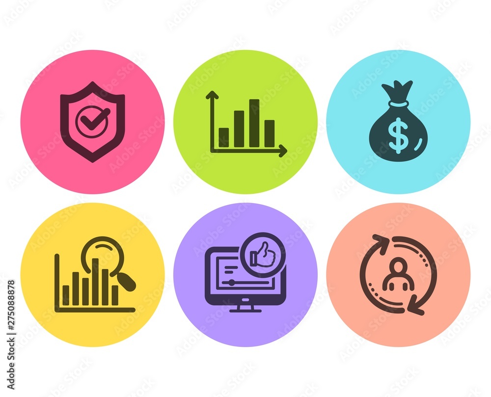 Approved shield, Search and Like video icons simple set. Money bag, Diagram graph and User info signs. Protection, Analytics. Flat approved shield icon. Circle button. Vector