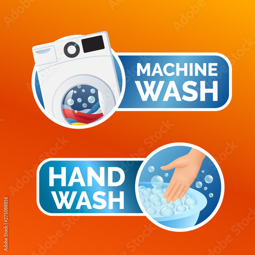 Washing clothes sticker set, instructions, colorful machine wash icon and hand wash symbol for label, vector illustration isolated.