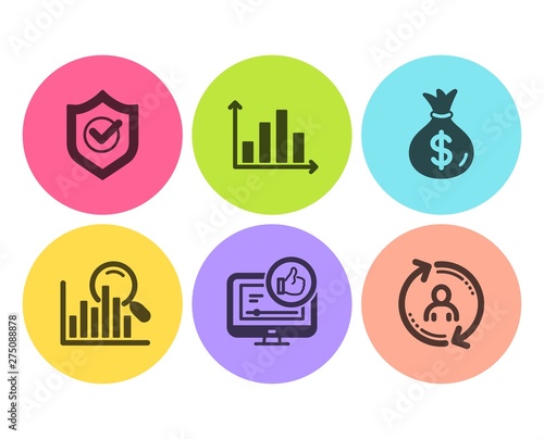 Approved shield, Search and Like video icons simple set. Money bag, Diagram graph and User info signs. Protection, Analytics. Flat approved shield icon. Circle button. Vector