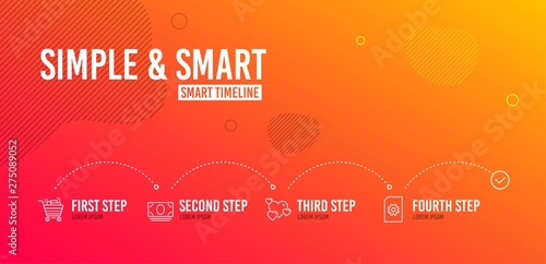 Infographic timeline. Heart, Cash money and Shopping cart icons simple set. File management sign. Love rating, Banking currency, Gifts. Doc with cogwheel. Business set. 4 steps layout. Vector