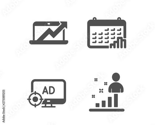 Set of Calendar graph, Sales diagram and Seo adblock icons. Stats sign. Annual report, Sale growth chart, Search engine. Business analysis.  Classic design calendar graph icon. Flat design. Vector