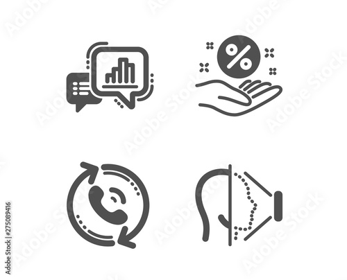 Set of Graph chart, Call center and Loan percent icons. Face id sign. Growth report, Recall, Discount hand. Phone scanning. Classic design graph chart icon. Flat design. Vector