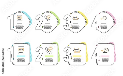 Share call, Car and Ssd icons simple set. Fast delivery sign. Phone support, Transport, Memory disk. Stopwatch. Technology set. Infographic timeline. Line share call icon. 4 options or steps. Vector