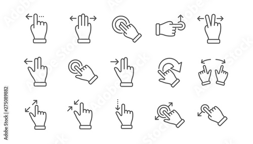 Touchscreen gesture line icons. Hand swipe, Slide gesture, Multitasking icons. Touchscreen technology, tap on screen, drag and drop. Linear set. Vector