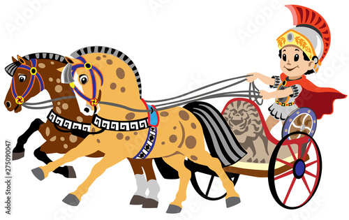 cartoon boy in a roman war chariot pulled by two horses. Vector illustration for little kids