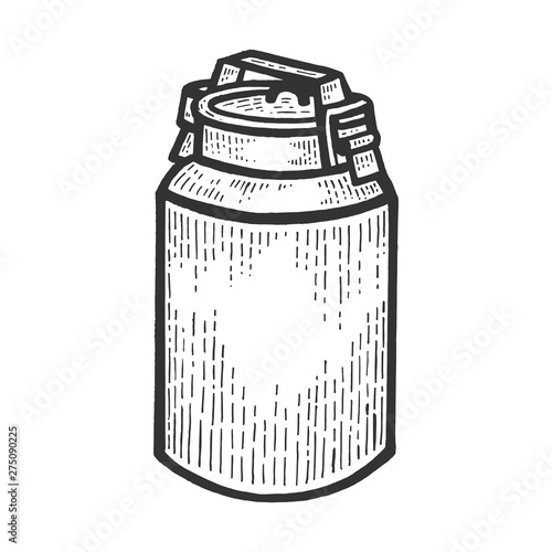 Large industrial milk can sketch engraving vector illustration. Scratch board style imitation. Black and white hand drawn image.