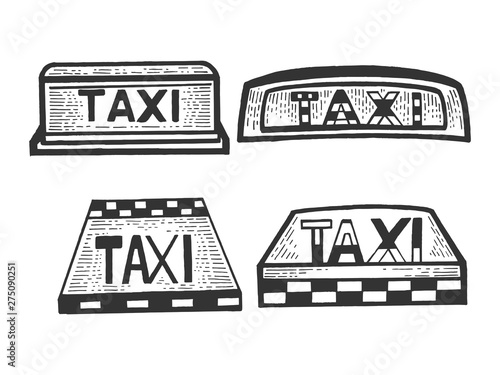 Taxi sign top light box set sketch engraving vector illustration. Scratch board style imitation. Black and white hand drawn image.