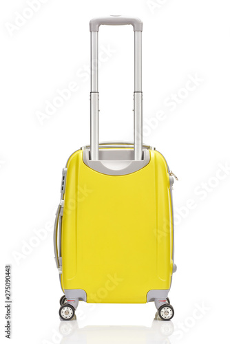 back view of yellow plastic wheeled colorful suitcase with handle isolated on white