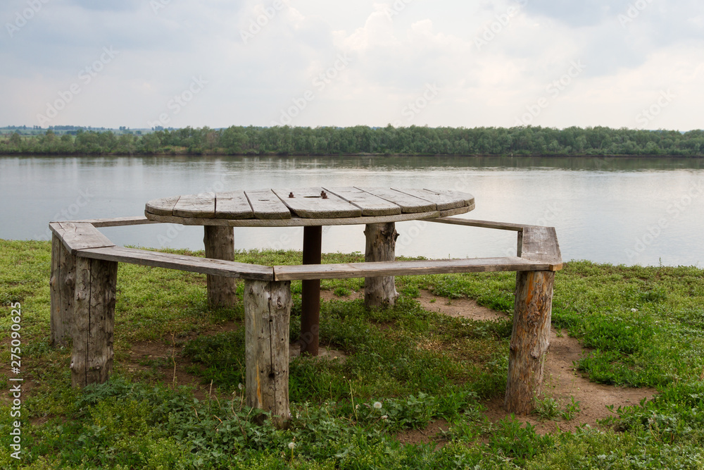 picnic table on the bank of the Irtysh River