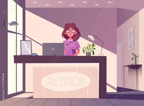 Reception desk. Hotel receptionist character. Cartoon vector illustration.