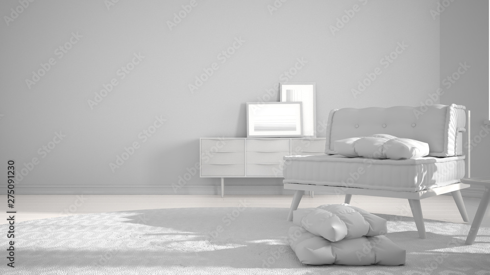 Total white project draft, minimalist living room with big round carpet and sofa with pillows, modern interior design architecture concept idea Total white project draft, minimalist living room with big round carpet and sofa with pillows, modern interior design architecture concept idea