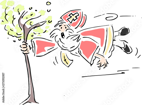 Sinterklaas holding a tree in a storm