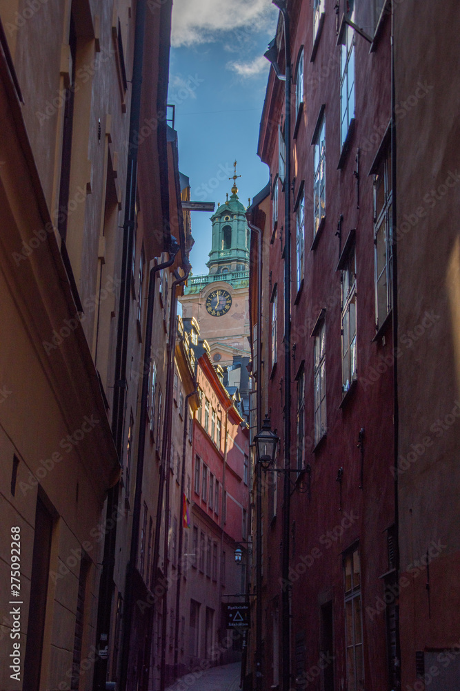 Streets and alleys in the old town, Gamla Stan, in Stockholm an early summer morning.