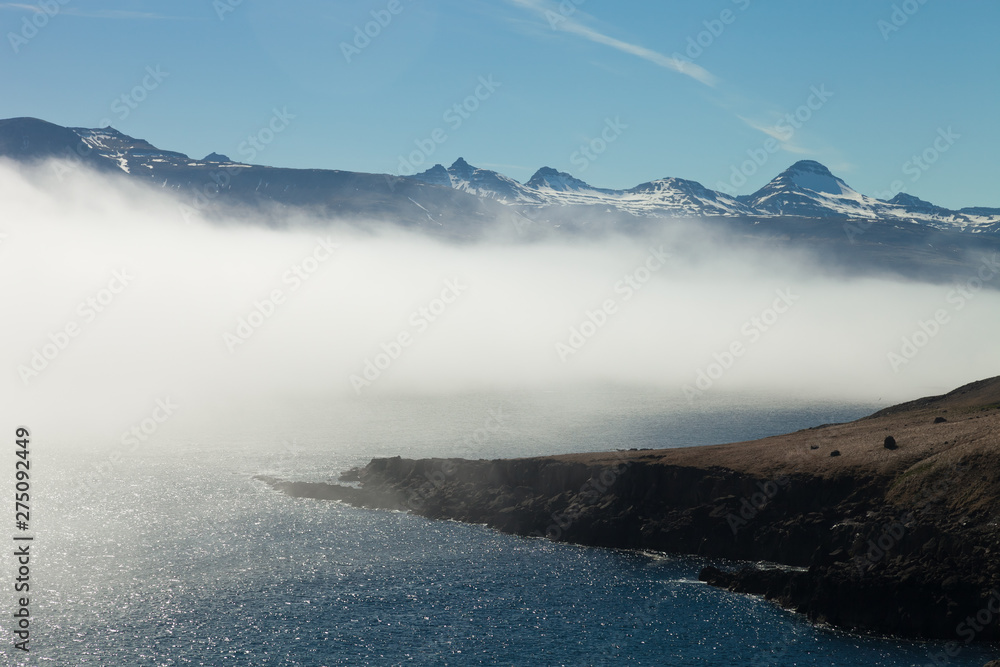 Naklejka premium Foggy multicolored spring landscape of Iceland