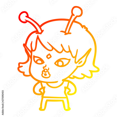 warm gradient line drawing pretty cartoon alien girl
