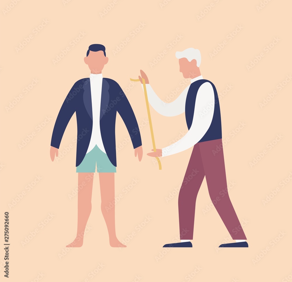 Tailor measuring cute young man in tuxedo or groom with tape measure and fitting Tailor measuring cute young man in tuxedo or groom with tape measure and fitting