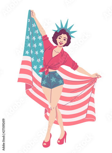4th of July pin up style vintage poster. Retro lady with USA flag wearing Statue of Liberty crown and celebrating Independence Day. Vector illustration isolated on white background.