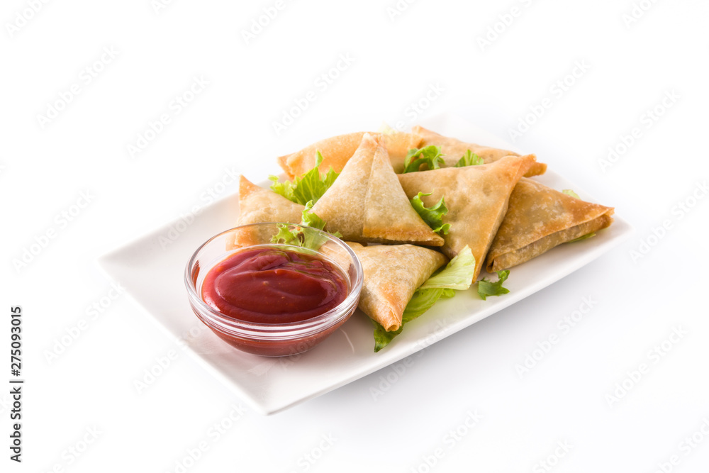 Samsa or samosas with meat and vegetables isolated on white background . Traditional Indian food. Samsa or samosas with meat and vegetables isolated on white background . Traditional Indian food.