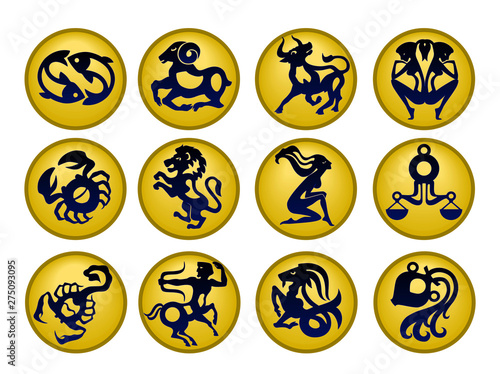 Set of twelve signs of the zodiac on the background of gold circles. Prediction of the future. Vector illustration. Isolated on white background