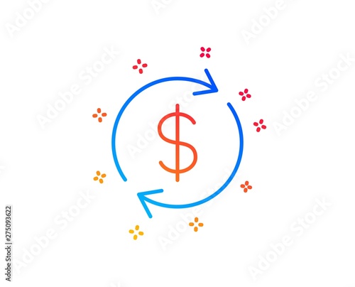 Currency exchange line icon. Money Transfer sign. Dollar in rotation arrow symbol. Gradient design elements. Linear usd exchange icon. Random shapes. Vector
