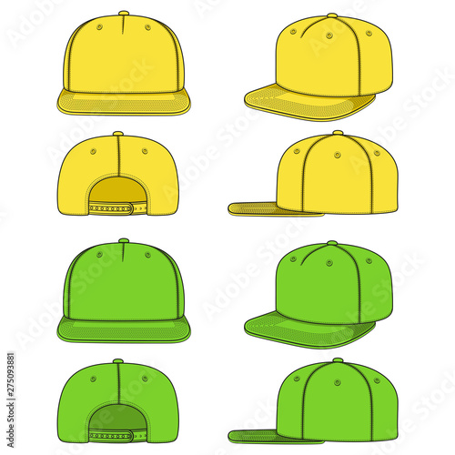 Set of color images of a rapper cap with a flat visor, snapback. Isolated vector objects on white background.