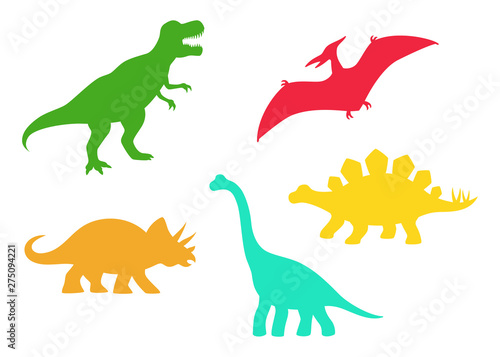 Dinosaur vector silhouettes - T-rex, Brachiosaurus, Pterodactyl, Triceratops, Stegosaurus. Cute flat dinosaurs isolated