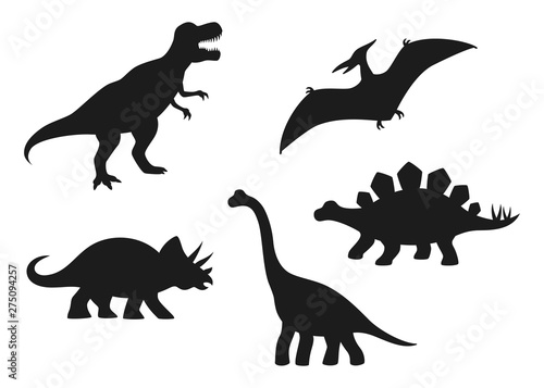 Dinosaur vector silhouettes - T-rex, Brachiosaurus, Pterodactyl, Triceratops, Stegosaurus. Cute flat dinosaurs isolated