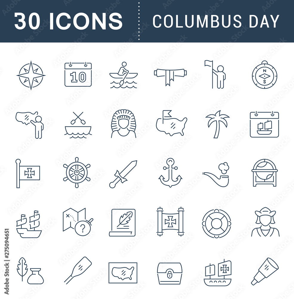 Set Vector Line Icons of Columbus Day