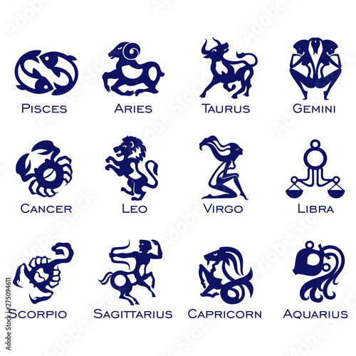 Set of twelve signs of the zodiac. Prediction of the future. Vector illustration. Isolated on white background