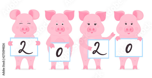 Pigs are holding signs with numbers 2020. Chinese New Year.
