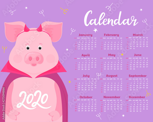 Calendar for 2020. Week start on Sunday. Cute pig in a cloak and horns imp.