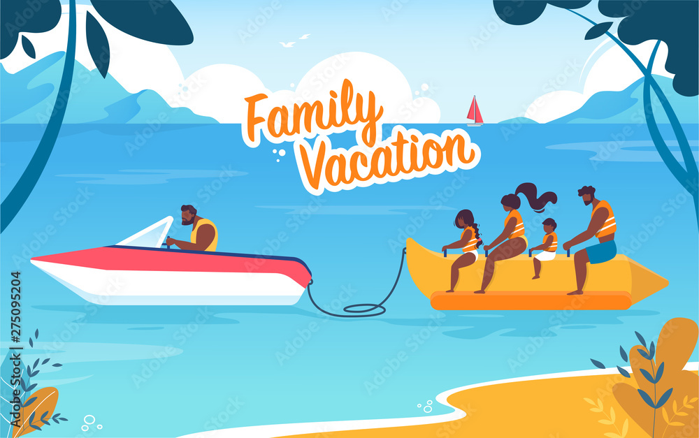 Colorful Banner Family Vacation Lettering Cartoon.