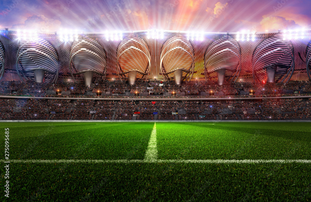 Football soccer sport stadium field with green grass, tribunes full of