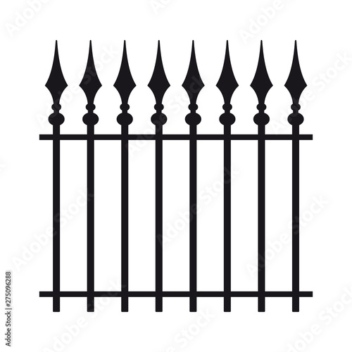 Vintage black iron fence with spearheads. Isolated on white background.