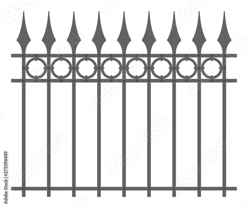 Vintage black iron fence with spearheads. Isolated on white background.