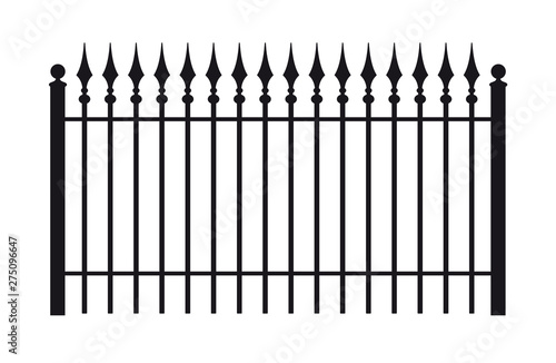 Vintage black iron fence with spearheads. Isolated on white background.