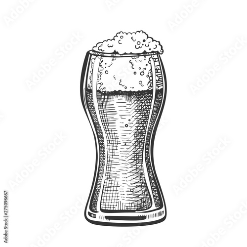 Drawn Standard Pub Glass With Foam Beer Vector. Glass With Pint Light Alcoholic Fresh Cold Brewery Beverage For Celebration Party. Closeup Monochrome Black And White Mockup Cartoon Illustration