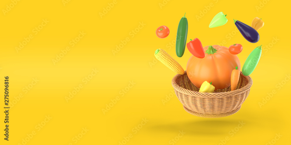 Vegetables flying over a basket on a yellow colored background. Pumpkin, corn, pepper, eggplant, zucchini, tomato in cartoon style. A vivid illustration of a ripe autumn harvest. 3D rendered