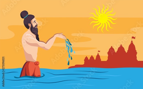 sadhu praying in river giving argya photo