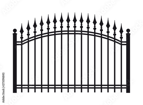 Vintage black iron fence with spearheads. Isolated on white background.