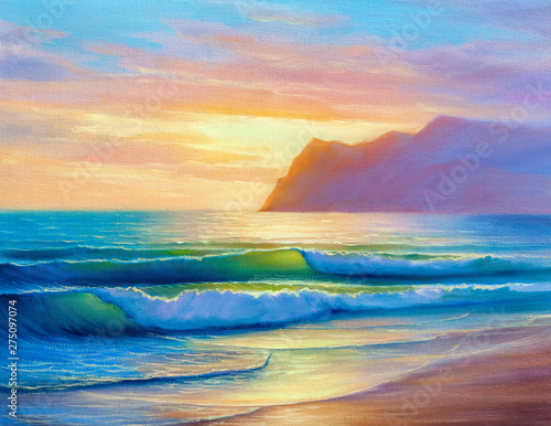 Original oil painting of sea and beach on canvas. 