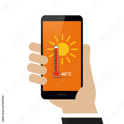 hand holds smartphone with summer weather report 40 degrees on display vector illustration EPS10