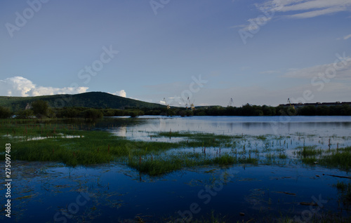 Summer landscape, forest and lake in green grass, mountains and cloudy sky. summer in Russia. © Вероника Одинокова