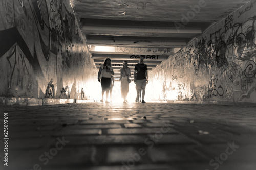 Pedestrian crossing tunnel, Dark and long underground passage with light