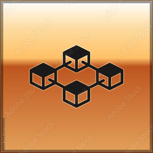 Black Blockchain technology icon isolated on gold background. Cryptocurrency data sign. Abstract geometric block chain network technology business. Vector Illustration