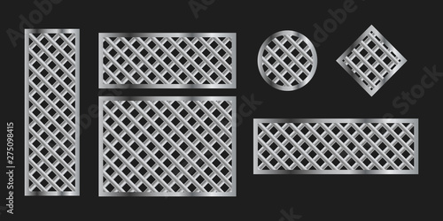 Metal grilles frames on black background, vector set